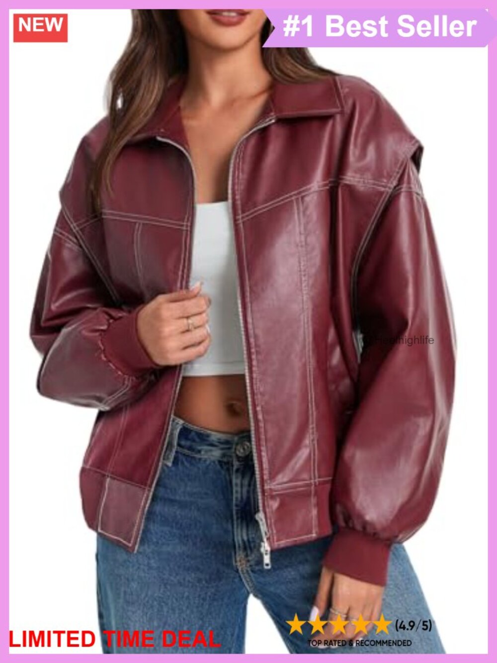 Oversized Faux Leather Bomber Jacket Zip Up Moto Biker Coat